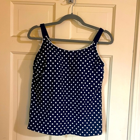 Lands End Long Blouson Scoop Tankini Dot Navy Blue White 478311 Swim Top Size 10 - Picture 1 of 10